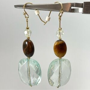 Stunning Gold Tone Unsigned Tigers Eye Light Blue Lucite Dangle Earrings